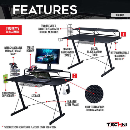 Techni Sport TS-200 Carbon Computer Gaming Desk with Shelving, Black - Free Shipping - aurelia-clothing-8955