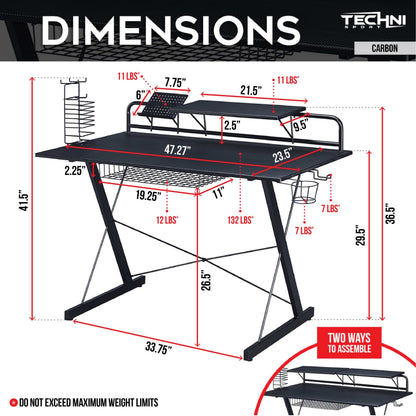 Techni Sport TS-200 Carbon Computer Gaming Desk with Shelving, Black - Free Shipping - aurelia-clothing-8955