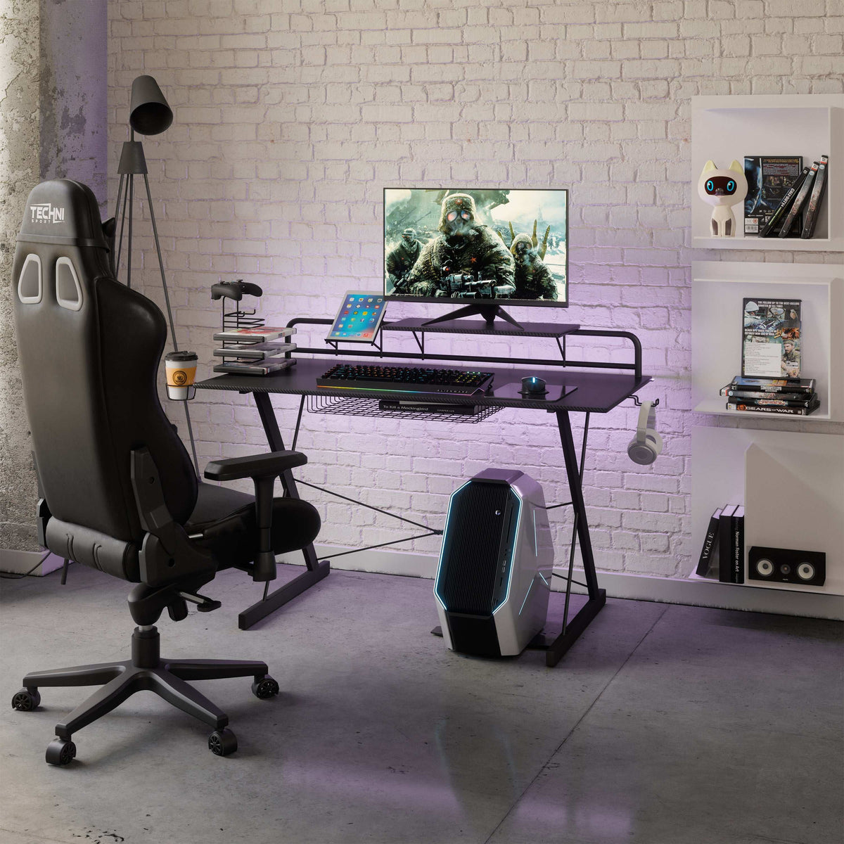 Techni Sport TS-200 Carbon Computer Gaming Desk with Shelving, Black - Free Shipping - aurelia-clothing-8955