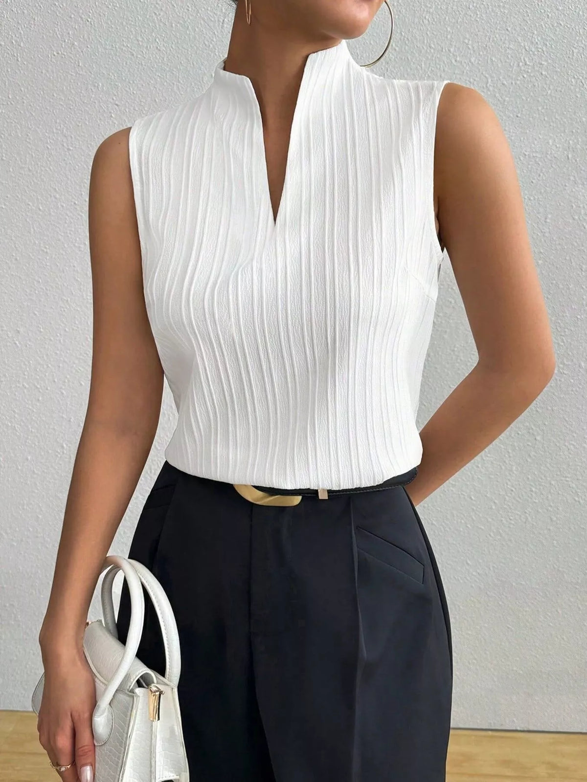 Texture Notched Sleeveless Top-Free Shipping - aurelia-clothing-8955