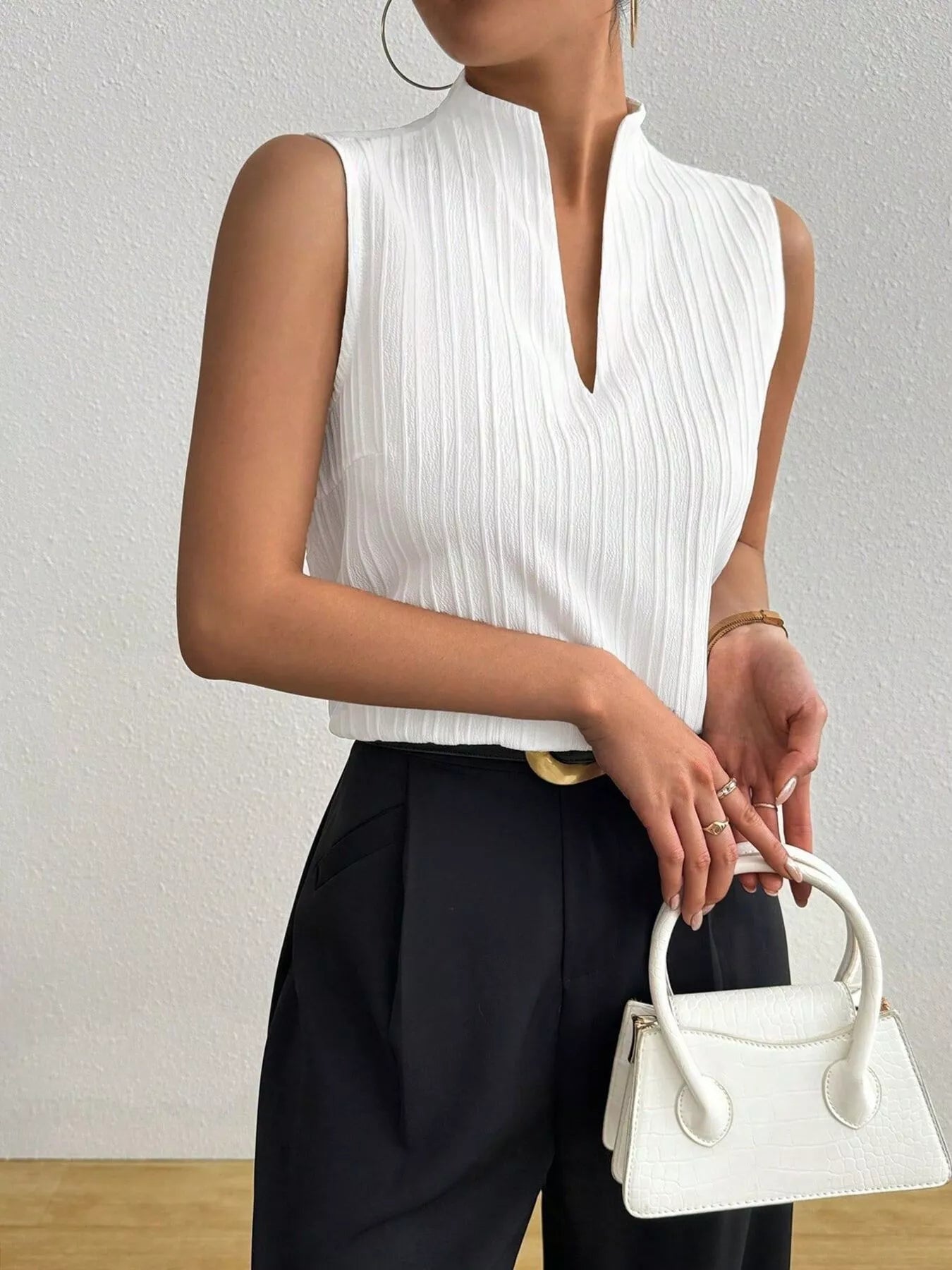 Texture Notched Sleeveless Top-Free Shipping - aurelia-clothing-8955