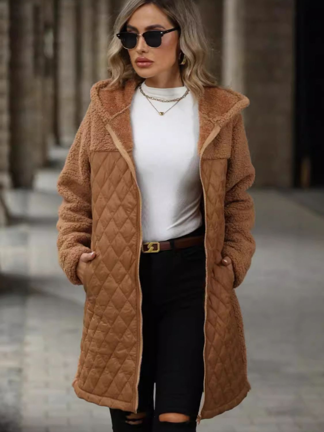 Texture Zip Up Long Sleeve Hooded Coat - aurelia-clothing-8955