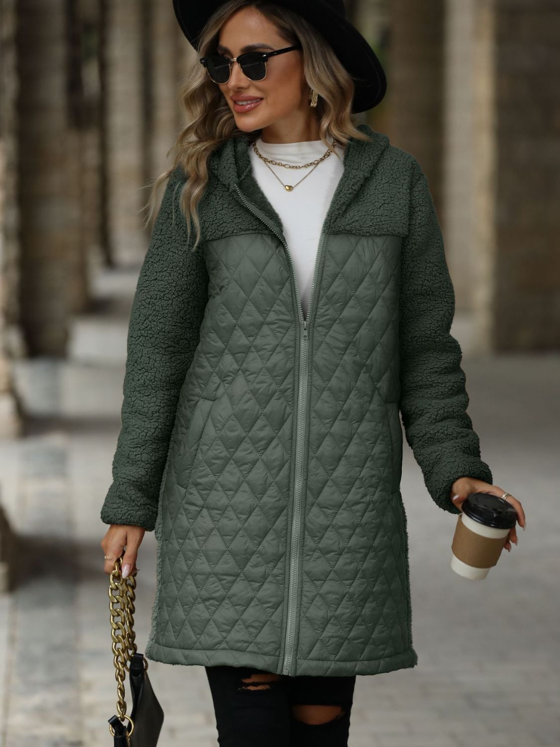 Texture Zip Up Long Sleeve Hooded Coat - aurelia-clothing-8955