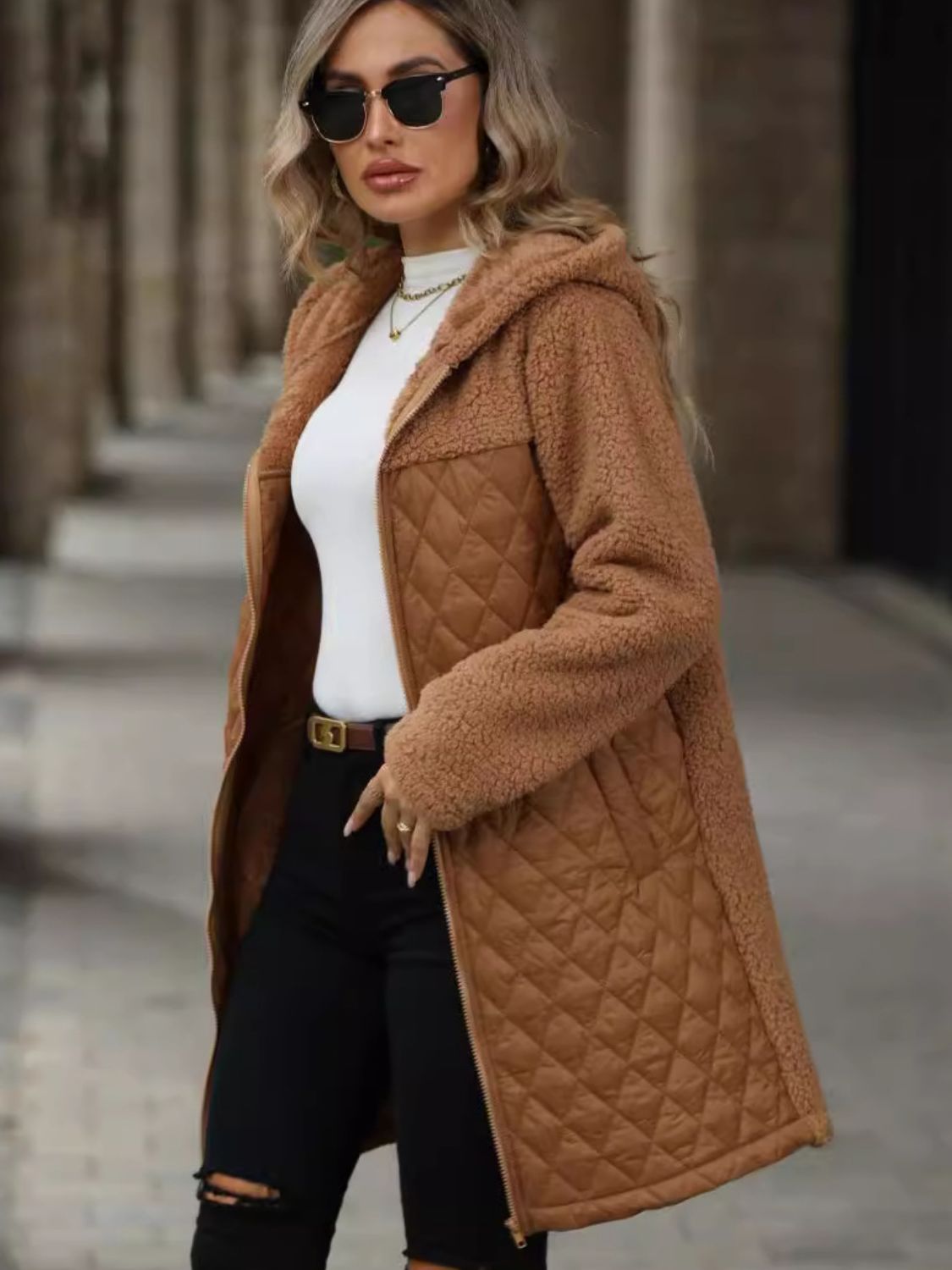 Texture Zip Up Long Sleeve Hooded Coat - aurelia-clothing-8955