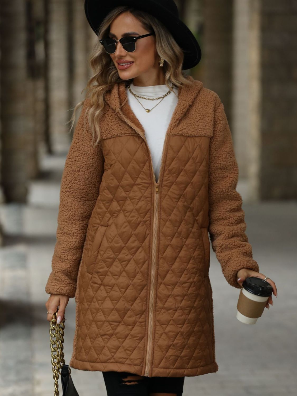 Texture Zip Up Long Sleeve Hooded Coat - aurelia-clothing-8955