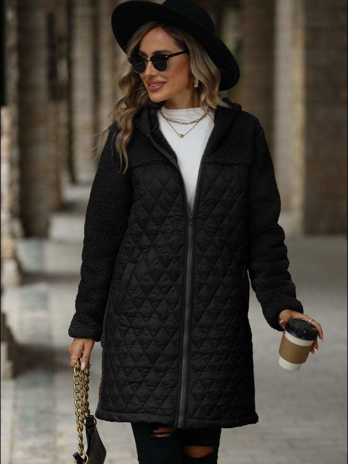 Texture Zip Up Long Sleeve Hooded Coat - aurelia-clothing-8955