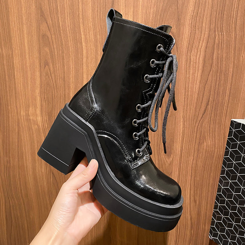 Thick-Soled Martin Boots Womens Leather Single Boots New Winter High-Heeled Thick-Heeled Short Boots - Free Shipping - aurelia-clothing-8955