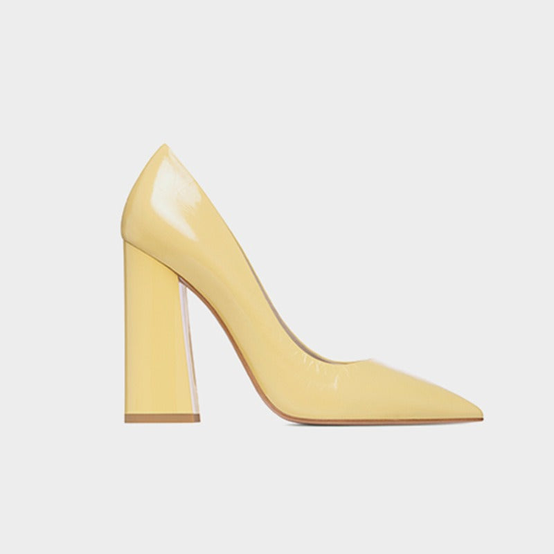 Thick Heeled Patent Leather Yellow High Heels, Oversized Womens Shoes, Fashion Shoes, Professional Womens Single Shoes - Free Shipping - aurelia-clothing-8955