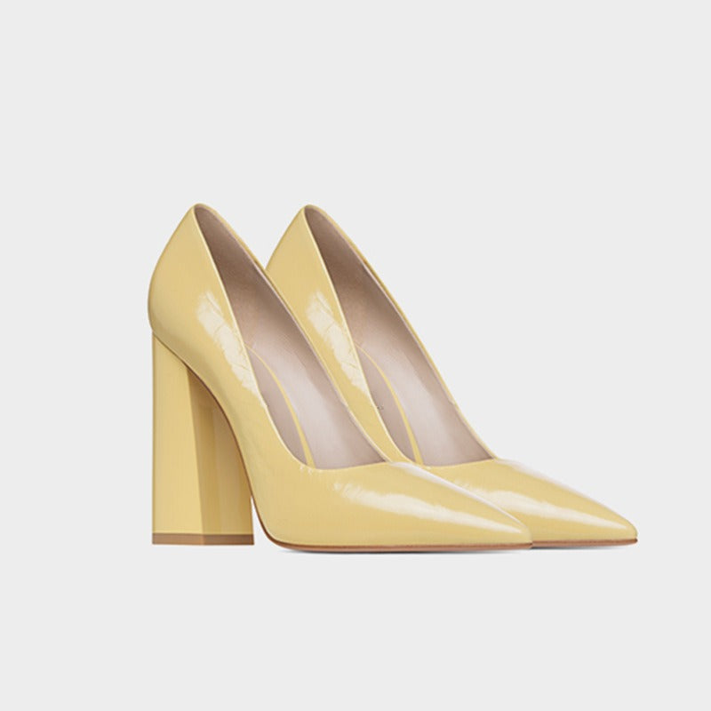 Thick Heeled Patent Leather Yellow High Heels, Oversized Womens Shoes, Fashion Shoes, Professional Womens Single Shoes - Free Shipping - aurelia-clothing-8955