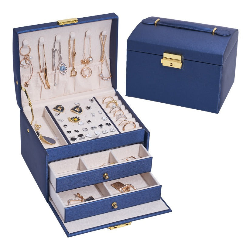 Three Layer Leather Drawer Jewelry Box Light Luxury Earrings Jewelry Storage Box Stud Earrings With Lock Jewelry Box - Free Shipping - aurelia-clothing-8955