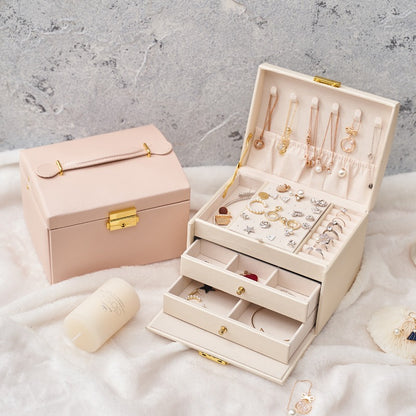 Three Layer Leather Drawer Jewelry Box Light Luxury Earrings Jewelry Storage Box Stud Earrings With Lock Jewelry Box - Free Shipping - aurelia-clothing-8955