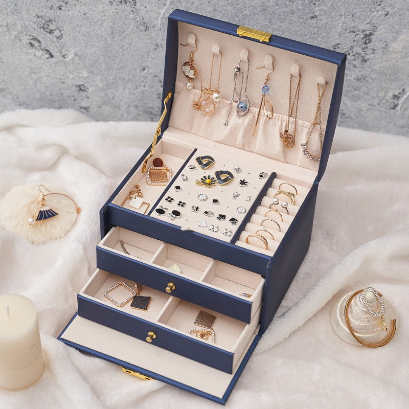 Three Layer Leather Drawer Jewelry Box Light Luxury Earrings Jewelry Storage Box Stud Earrings With Lock Jewelry Box - Free Shipping - aurelia-clothing-8955