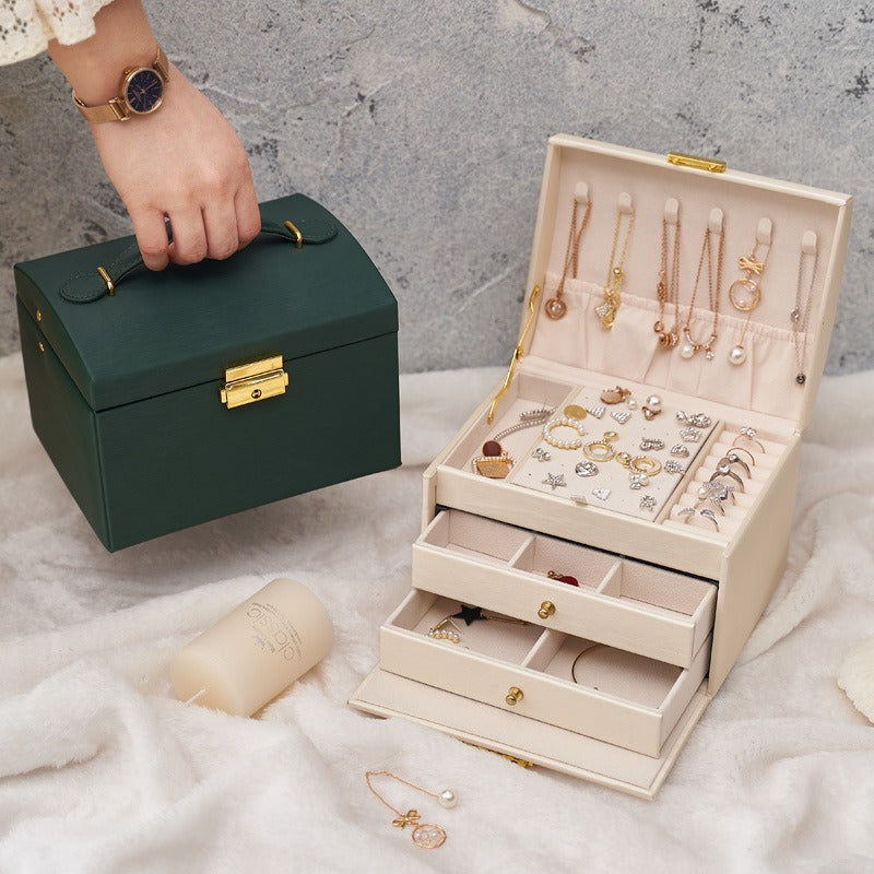 Three Layer Leather Drawer Jewelry Box Light Luxury Earrings Jewelry Storage Box Stud Earrings With Lock Jewelry Box - Free Shipping - aurelia-clothing-8955
