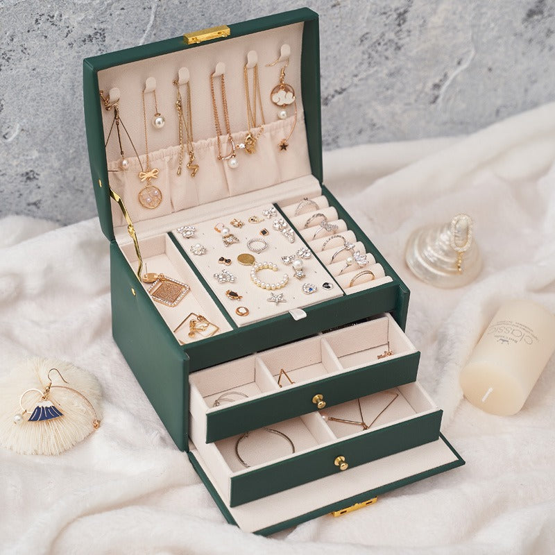 Three Layer Leather Drawer Jewelry Box Light Luxury Earrings Jewelry Storage Box Stud Earrings With Lock Jewelry Box - Free Shipping - aurelia-clothing-8955