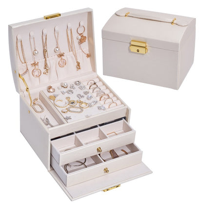 Three Layer Leather Drawer Jewelry Box Light Luxury Earrings Jewelry Storage Box Stud Earrings With Lock Jewelry Box - Free Shipping - aurelia-clothing-8955