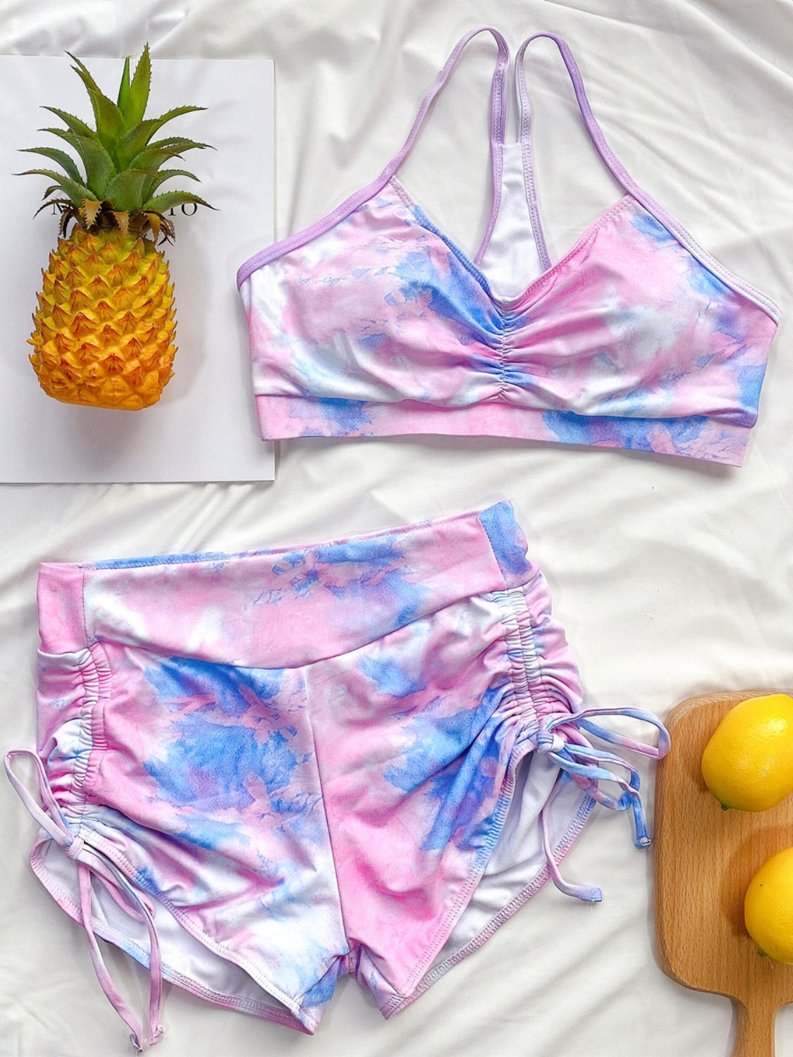 Tie-Dye Spaghetti Strap Top and Drawstring Shorts Swim Set - aurelia-clothing-8955
