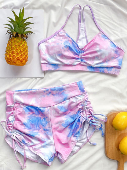 Tie-Dye Spaghetti Strap Top and Drawstring Shorts Swim Set - aurelia-clothing-8955