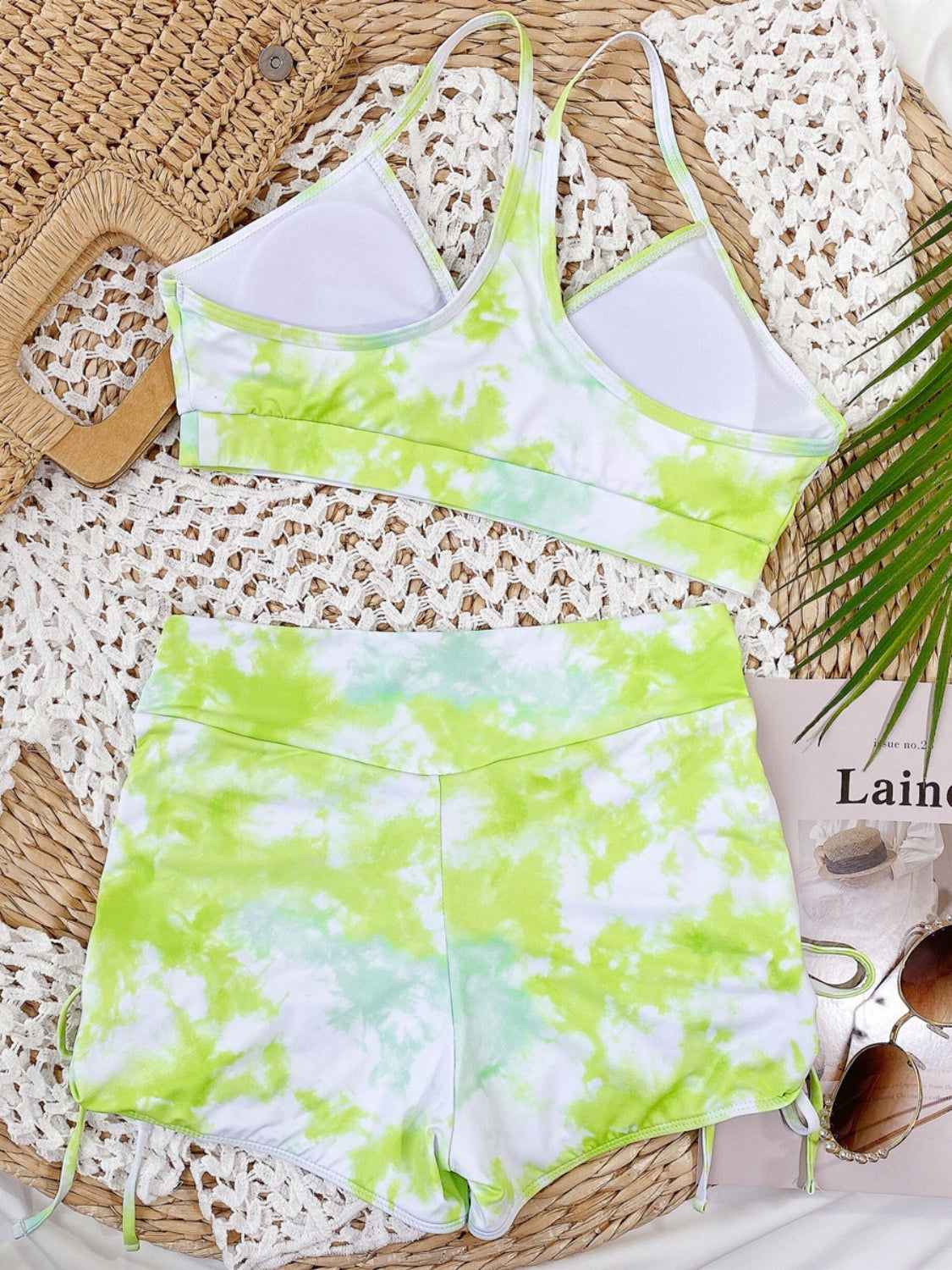Tie-Dye Spaghetti Strap Top and Drawstring Shorts Swim Set - aurelia-clothing-8955
