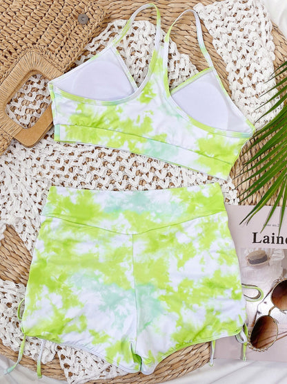 Tie-Dye Spaghetti Strap Top and Drawstring Shorts Swim Set - aurelia-clothing-8955