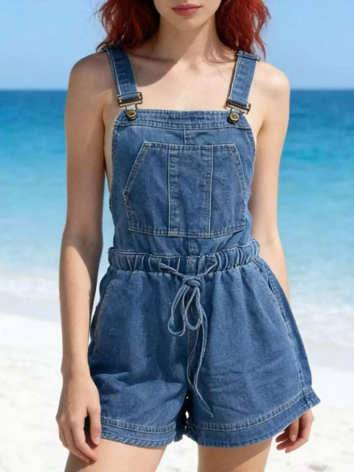Tie Back Denim Overall Shorts-Free Shipping - aurelia-clothing-8955