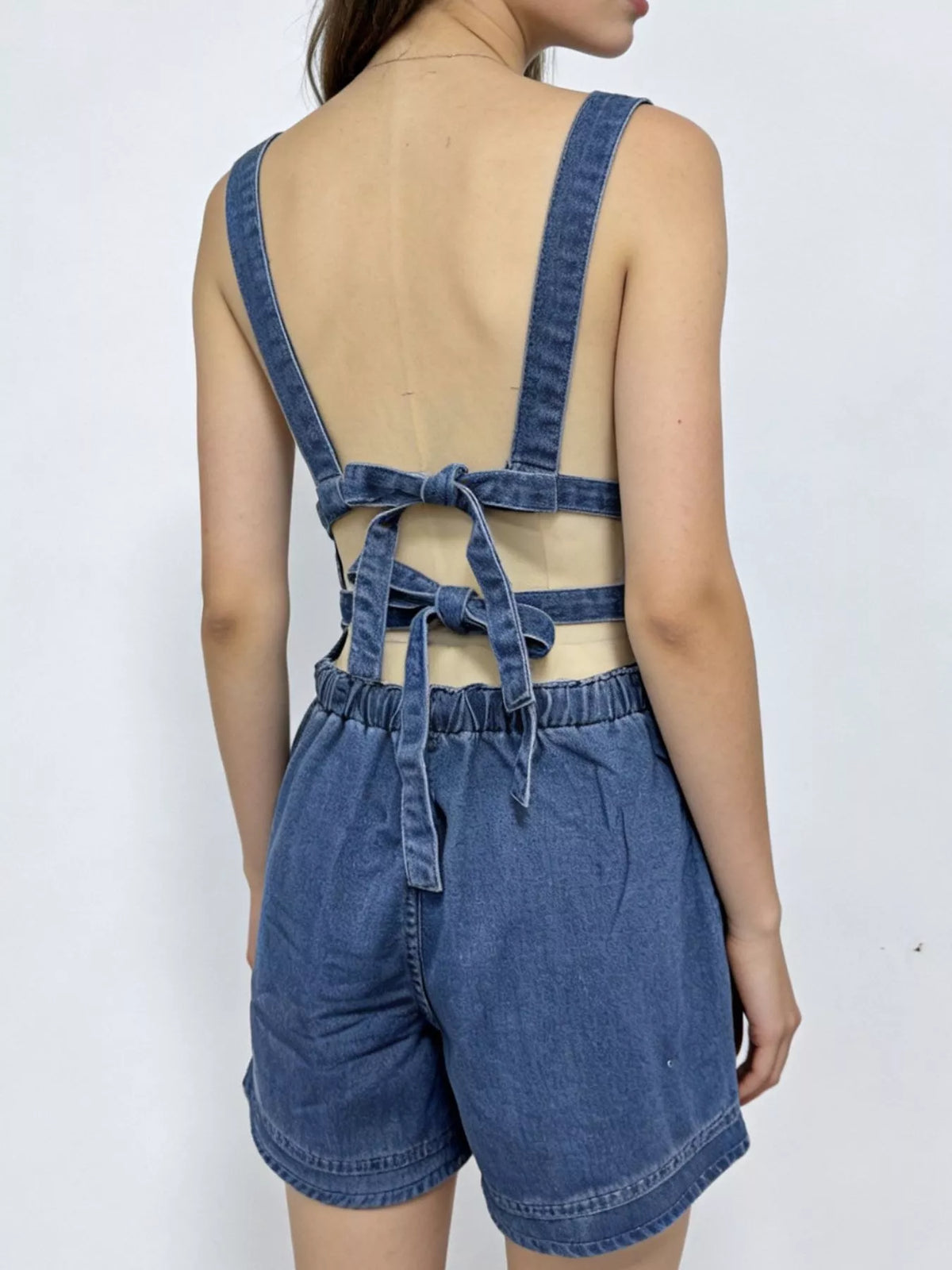 Tie Back Denim Overall Shorts-Free Shipping - aurelia-clothing-8955