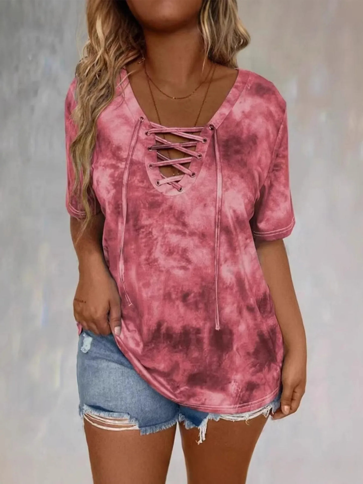 Tie Dye Lace-Up V-Neck - Free Shipping - aurelia-clothing-8955