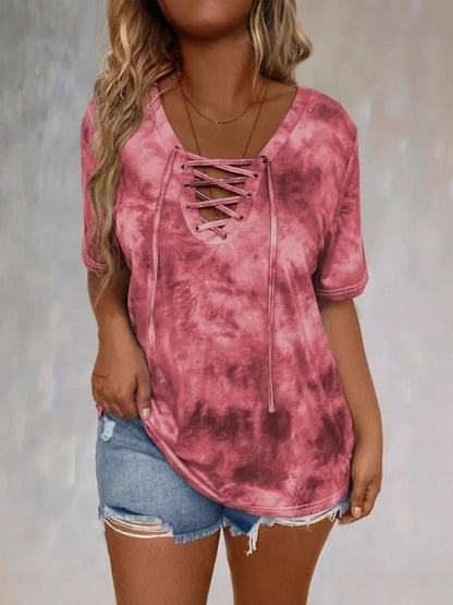 Tie Dye Lace-Up V-Neck - Free Shipping - aurelia-clothing-8955