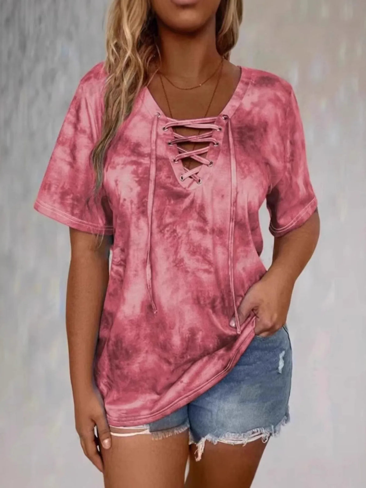 Tie Dye Lace-Up V-Neck - Free Shipping - aurelia-clothing-8955