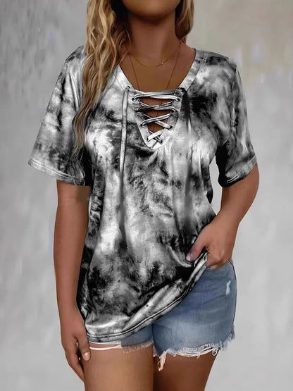 Tie Dye Lace-Up V-Neck - Free Shipping - aurelia-clothing-8955