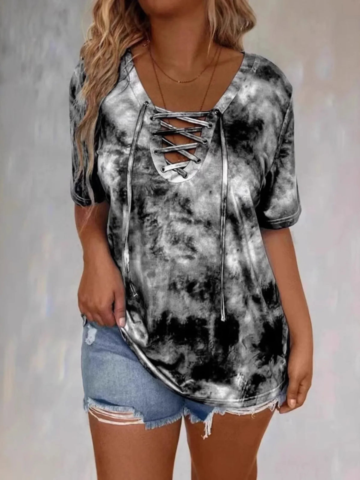 Tie Dye Lace-Up V-Neck - Free Shipping - aurelia-clothing-8955