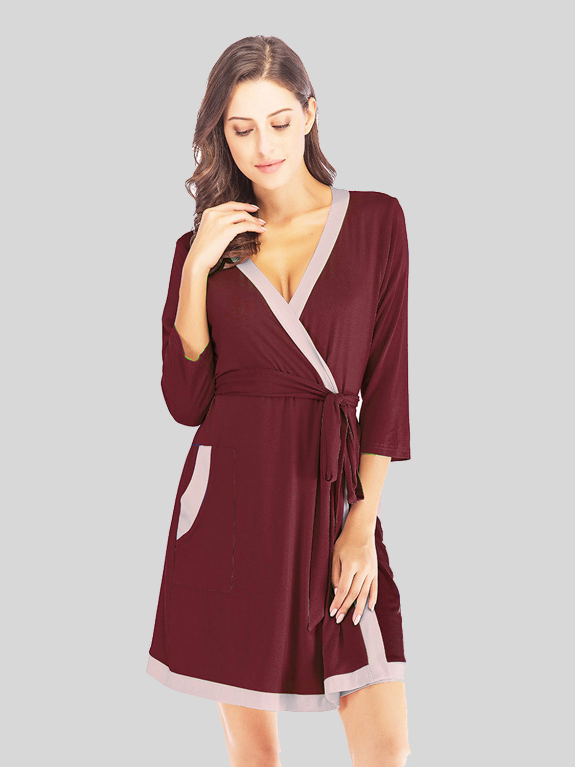 Tie Waist Surplice Neck Robe with Pockets - aurelia-clothing-8955