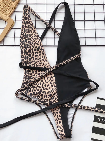 Tied Leopard Plunge One-Piece - Free Shipping - aurelia-clothing-8955