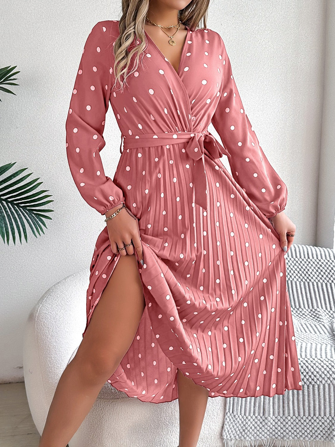 Tied Polka Dot Long Sleeve Midi Dress - aurelia-clothing-8955