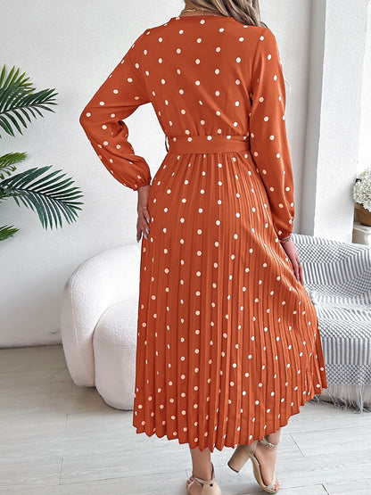 Tied Polka Dot Long Sleeve Midi Dress - aurelia-clothing-8955