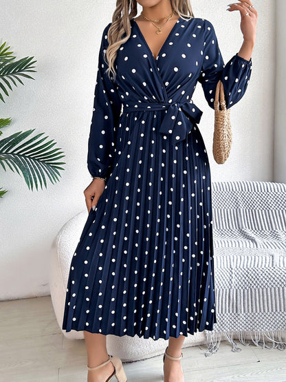 Tied Polka Dot Long Sleeve Midi Dress - aurelia-clothing-8955