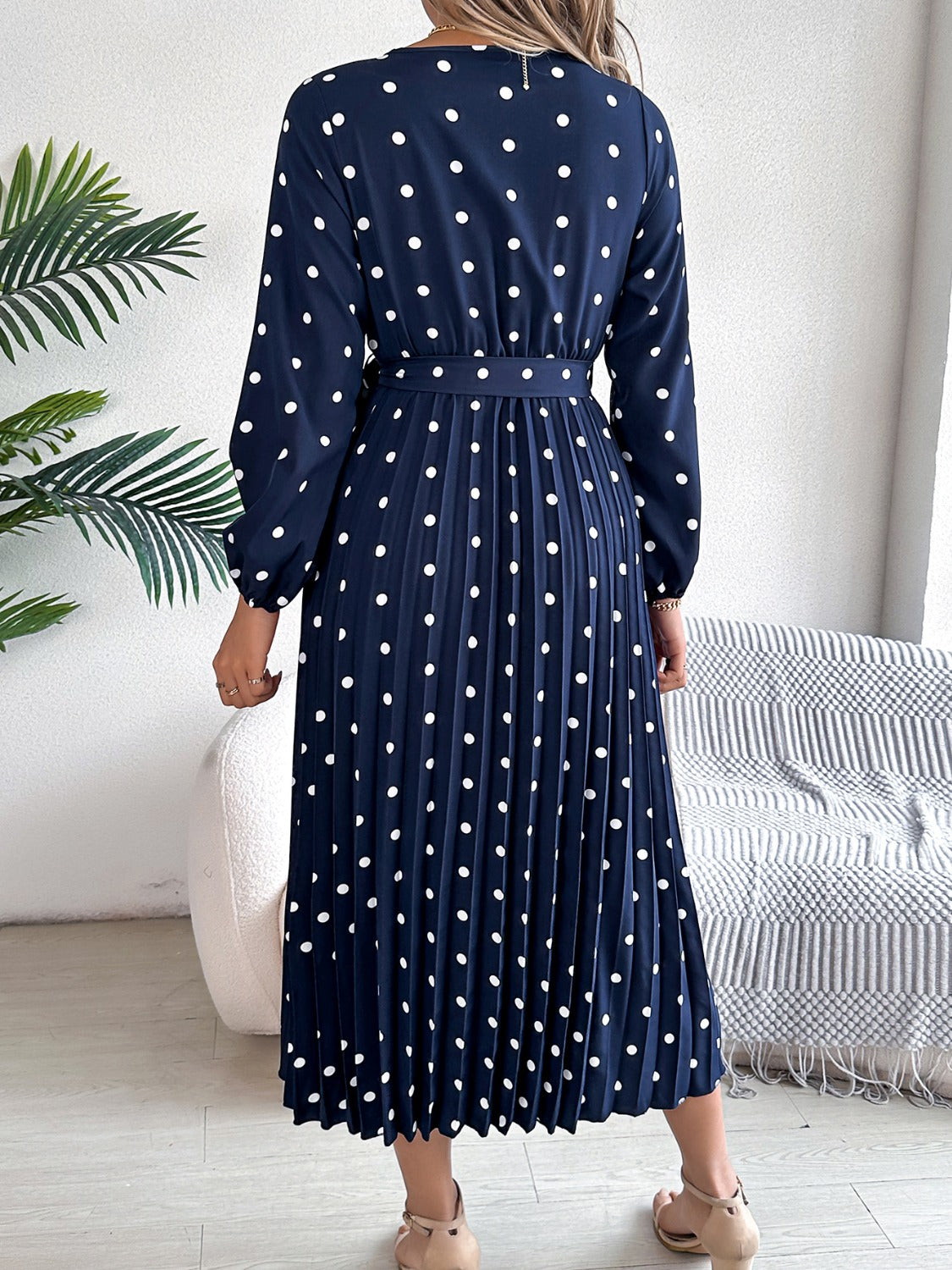 Tied Polka Dot Long Sleeve Midi Dress - aurelia-clothing-8955