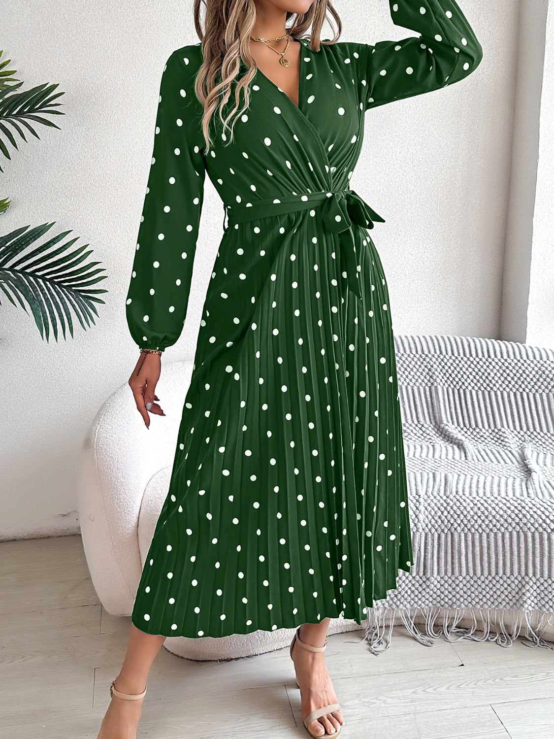 Tied Polka Dot Long Sleeve Midi Dress - aurelia-clothing-8955