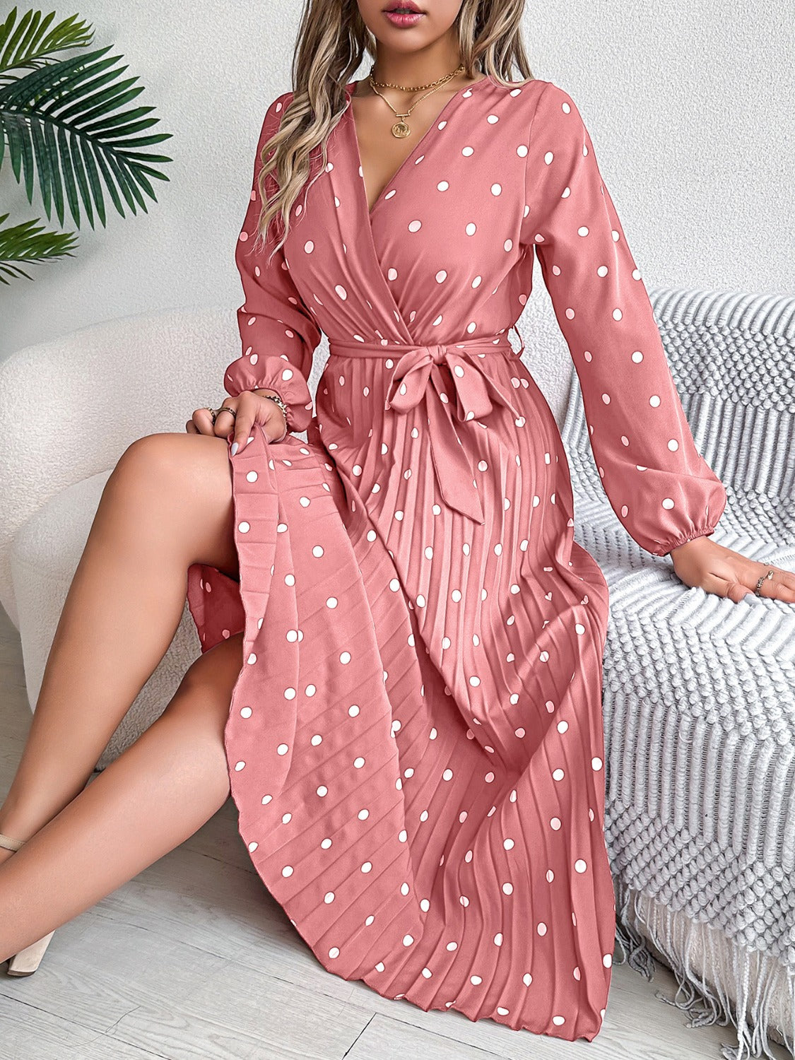 Tied Polka Dot Long Sleeve Midi Dress - aurelia-clothing-8955
