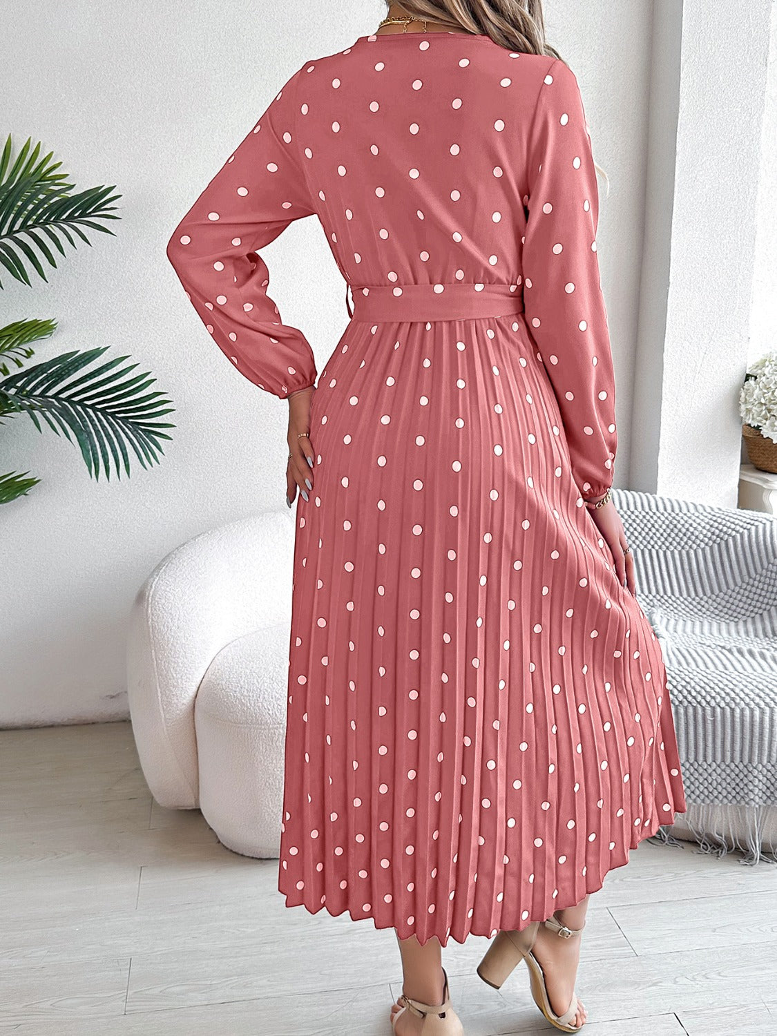 Tied Polka Dot Long Sleeve Midi Dress - aurelia-clothing-8955