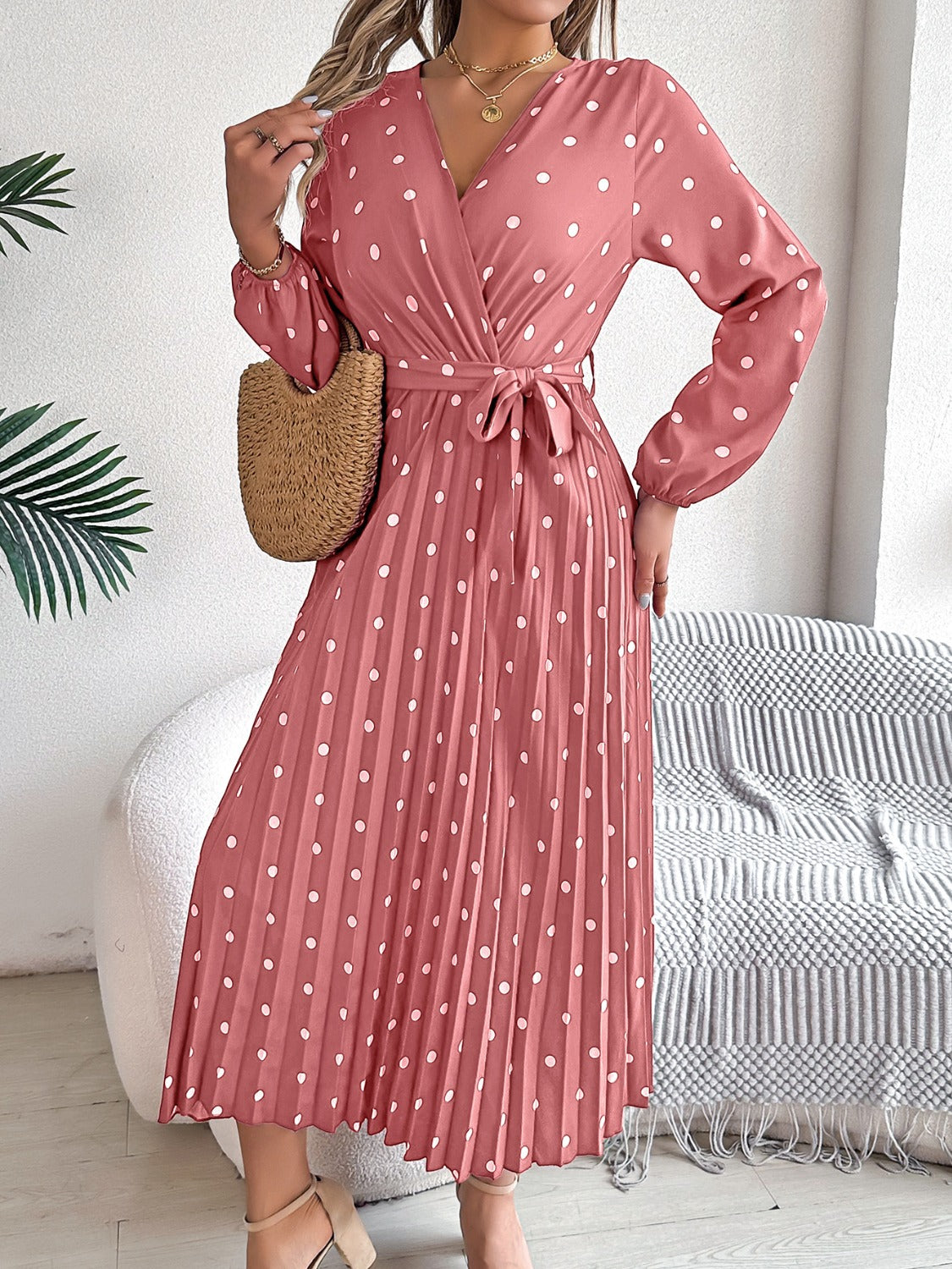 Tied Polka Dot Long Sleeve Midi Dress - aurelia-clothing-8955