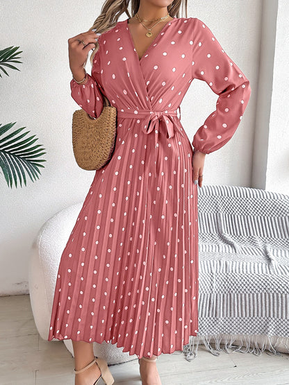 Tied Polka Dot Long Sleeve Midi Dress - aurelia-clothing-8955