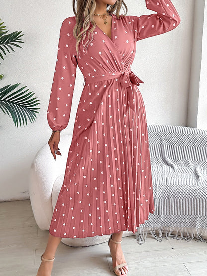 Tied Polka Dot Long Sleeve Midi Dress - aurelia-clothing-8955