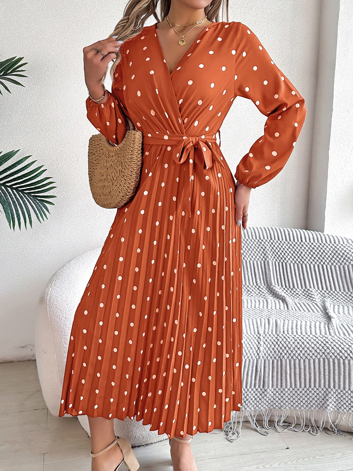Tied Polka Dot Long Sleeve Midi Dress - aurelia-clothing-8955