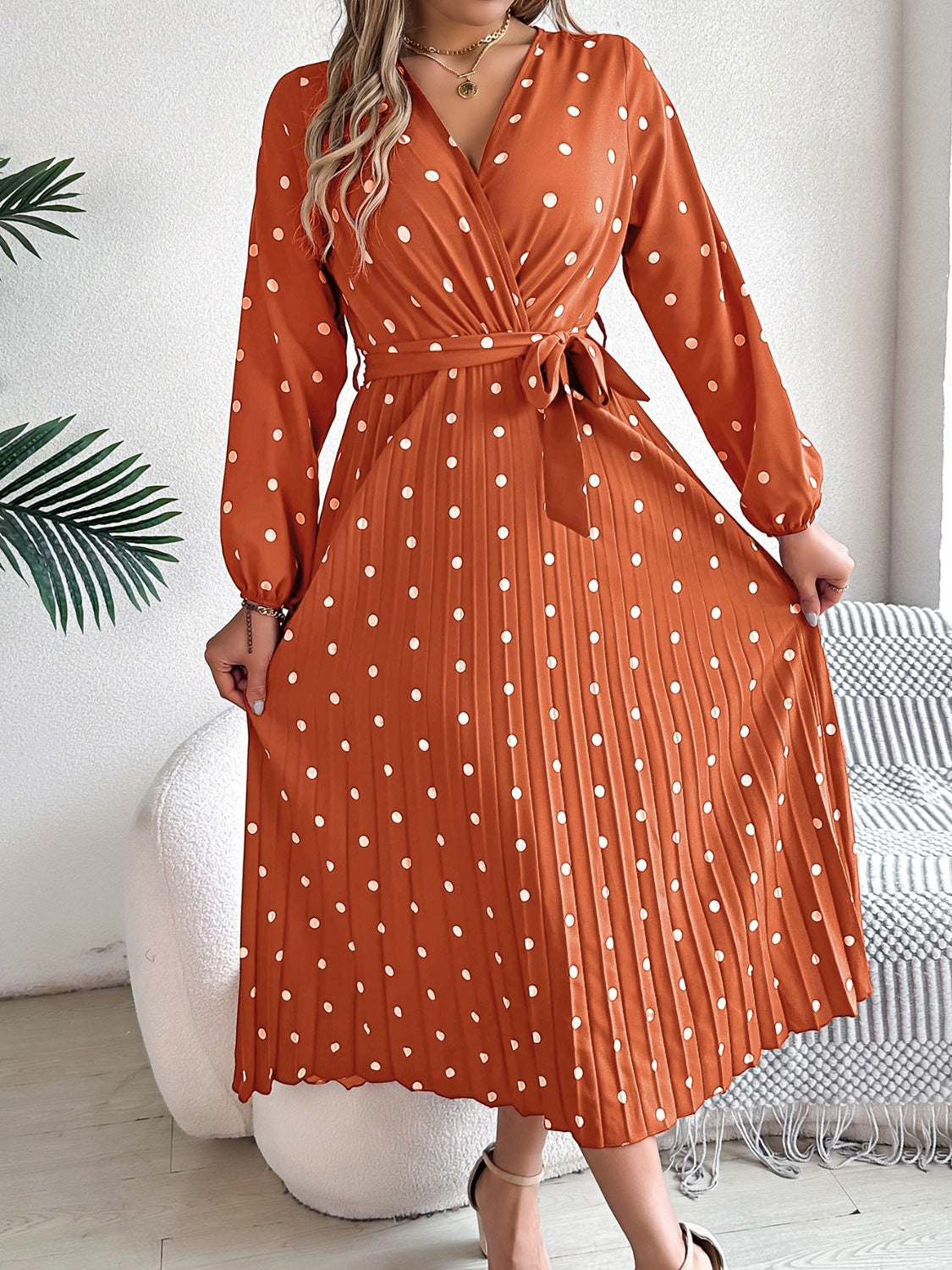 Tied Polka Dot Long Sleeve Midi Dress - aurelia-clothing-8955