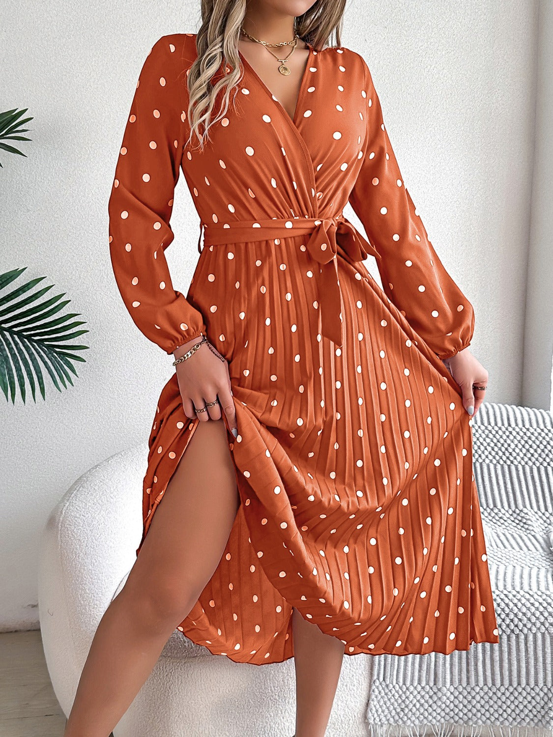 Tied Polka Dot Long Sleeve Midi Dress - aurelia-clothing-8955