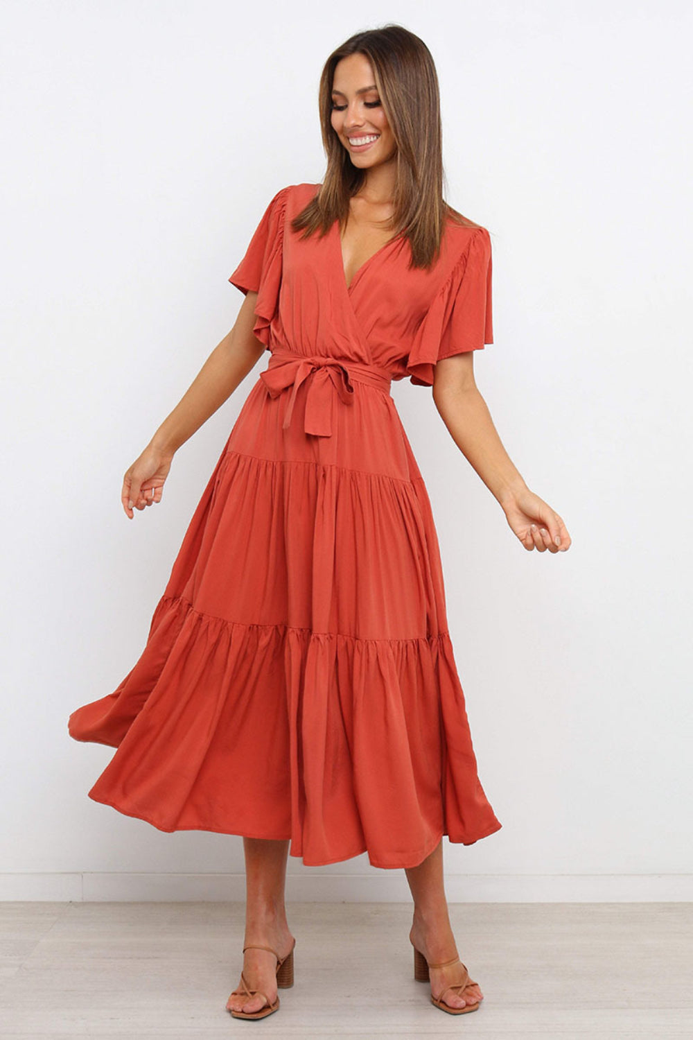 Tied Tiered Short Sleeve Midi Dress - Aurelia Clothing