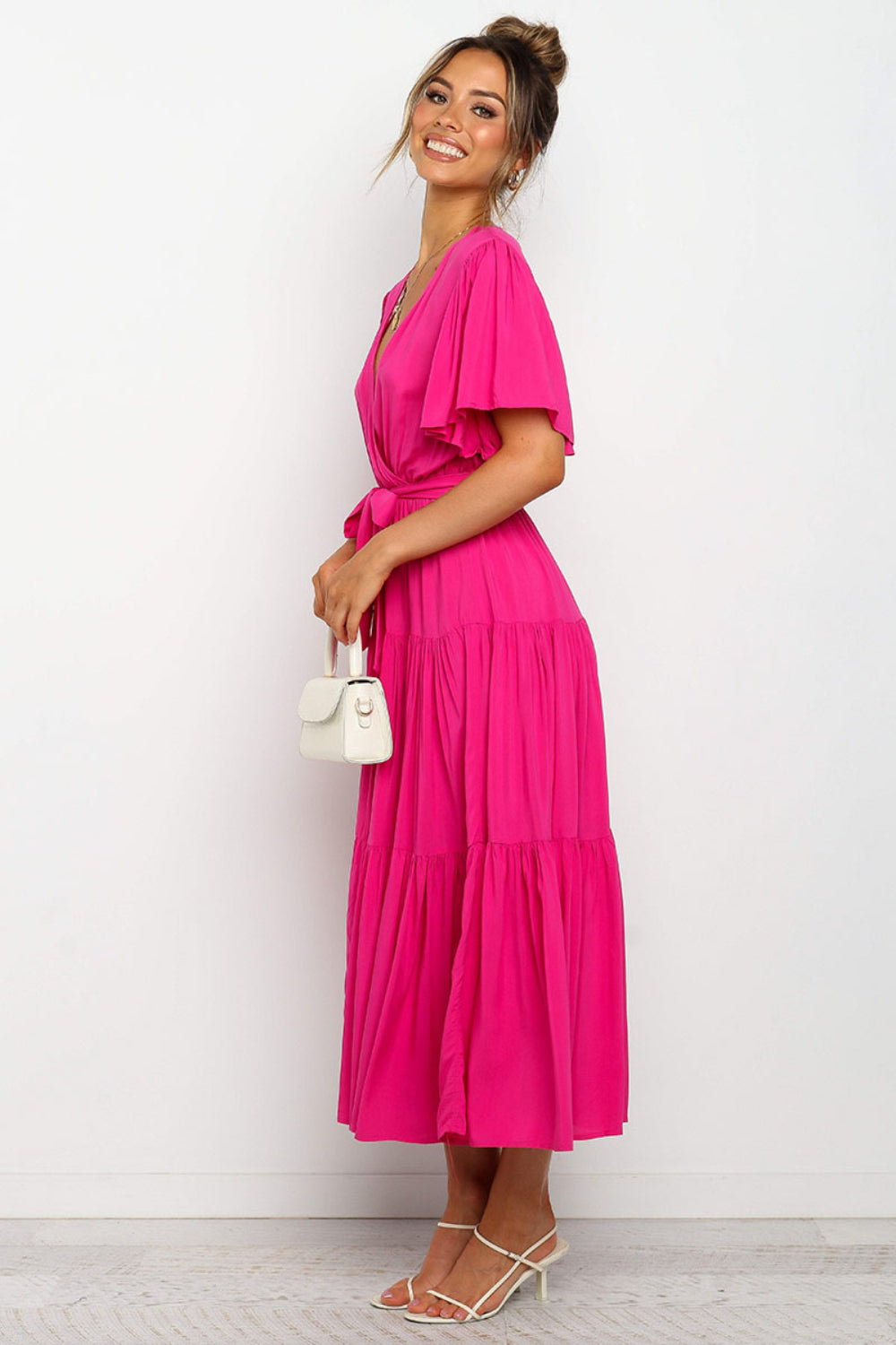 Tied Tiered Short Sleeve Midi Dress - Aurelia Clothing