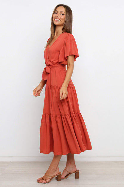 Tied Tiered Short Sleeve Midi Dress - Aurelia Clothing