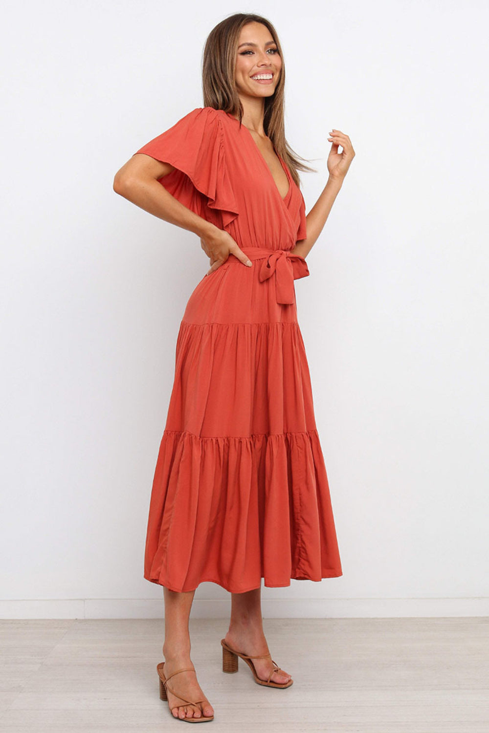 Tied Tiered Short Sleeve Midi Dress - Aurelia Clothing