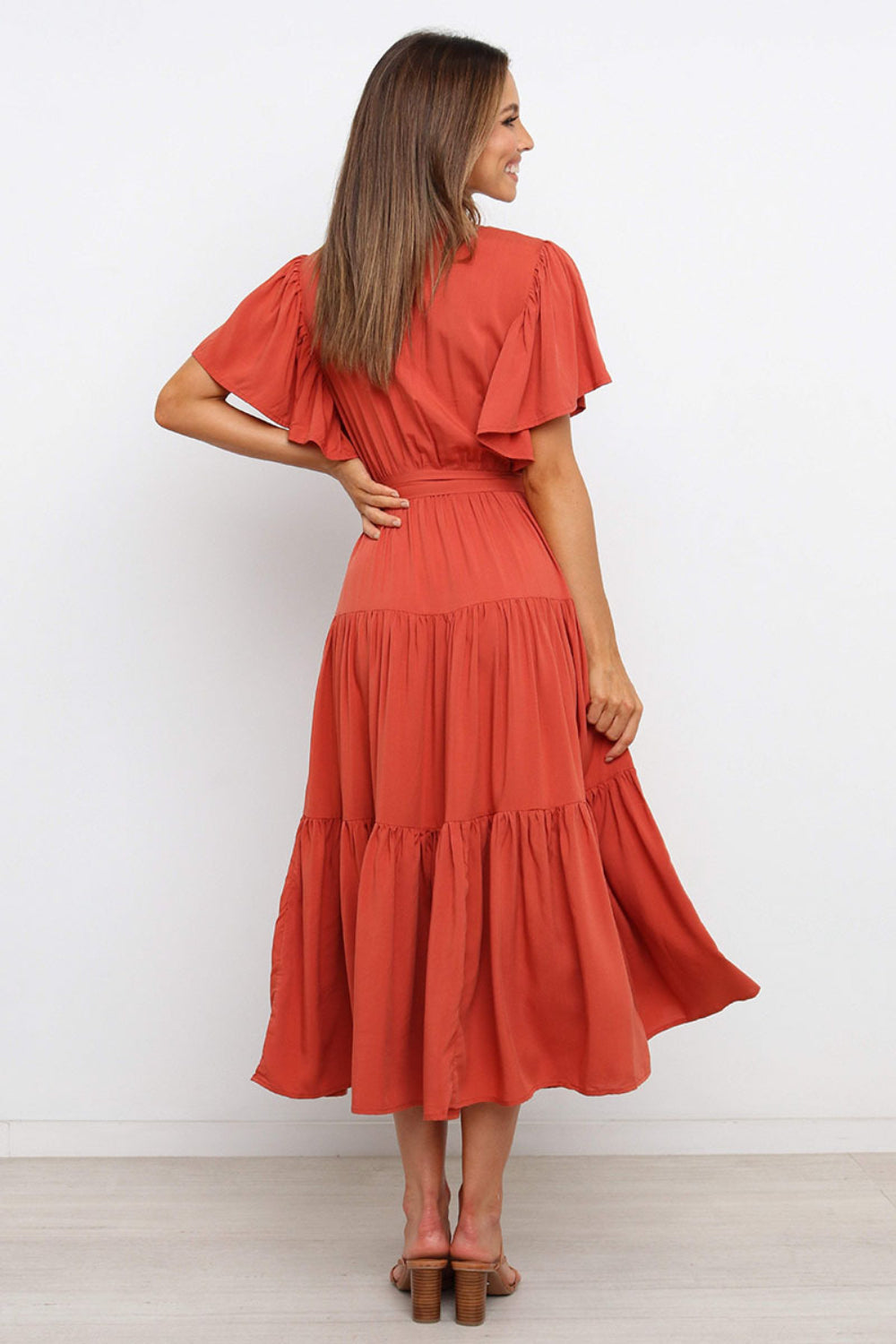 Tied Tiered Short Sleeve Midi Dress - Aurelia Clothing